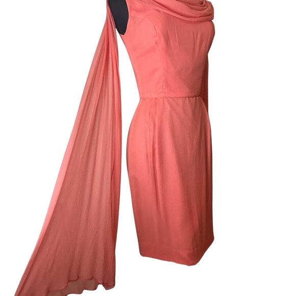 Retro Vintage 60s Coral Chiffon Draped Neckline Dress – Elegant Sleeveless Small - Picture 8 of 15